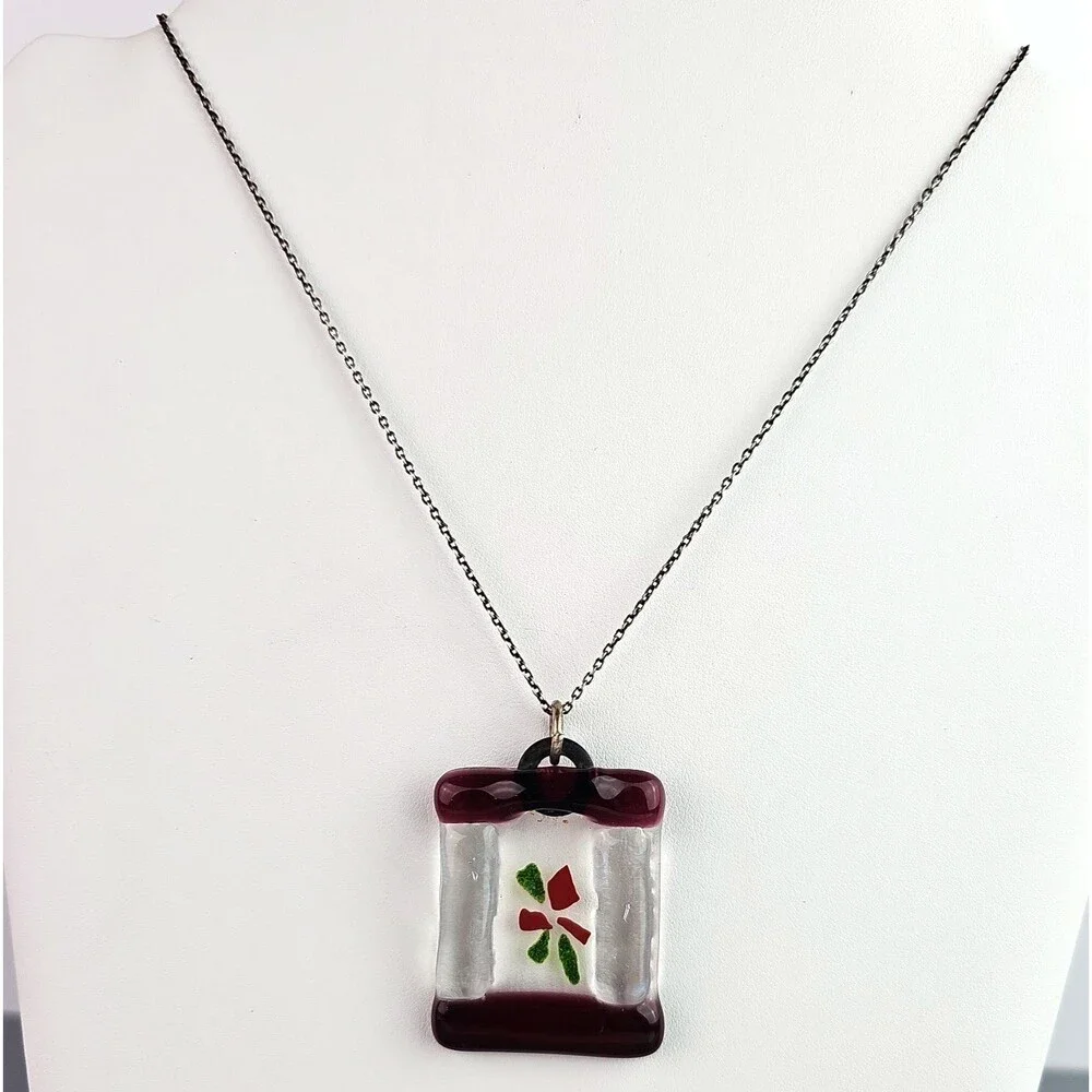 Fused Glass Pendant Necklace Festive Red Poinsettia 925 Sterling Silver 16 in